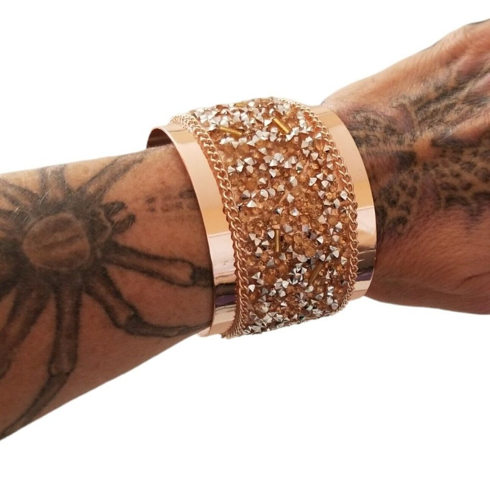 Copper Rose Gold Rhinestone Crush Glass Silver Studs Beaded Metal Cuff Bracelet - Picture 3 of 12